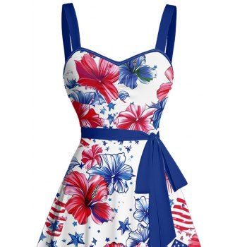 American Flag Flower Star Pattern Ruched Bust Belt Independence Day Dress Sweetheart Neck A Line Mini Patriotic Dress