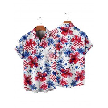 Independence Day Couple Outfit American Flag Flower Star Pattern Ruched Bust Belt Dress and Button Up Shirt Patriotic Matching Outfit