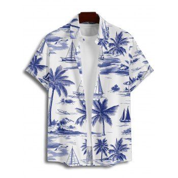 Vacation Couple Outfit Coconut Tree Sailboat Pattern Ruched Bust Belt Dress and Button Up Shirt Casual Matching Outfit
