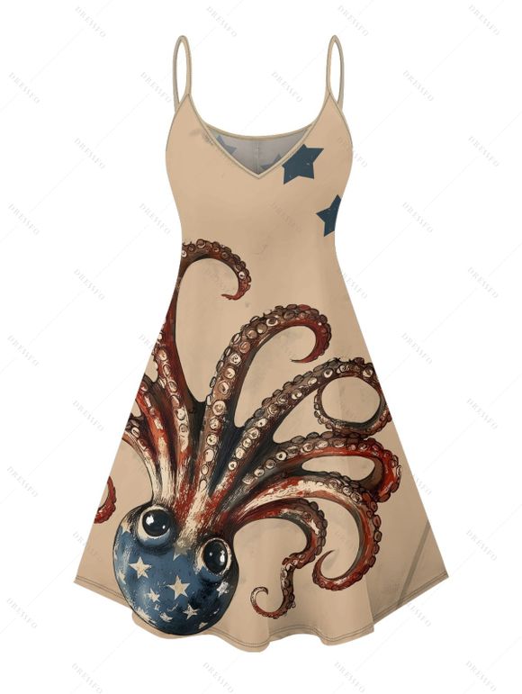 Robe de fête de l'indépendance à motif de poulpe, motif drapeau américain, bretelles spaghetti, col en V, coupe trapèze, mini-robe de vacances - café lumière XXXXXL | US 20