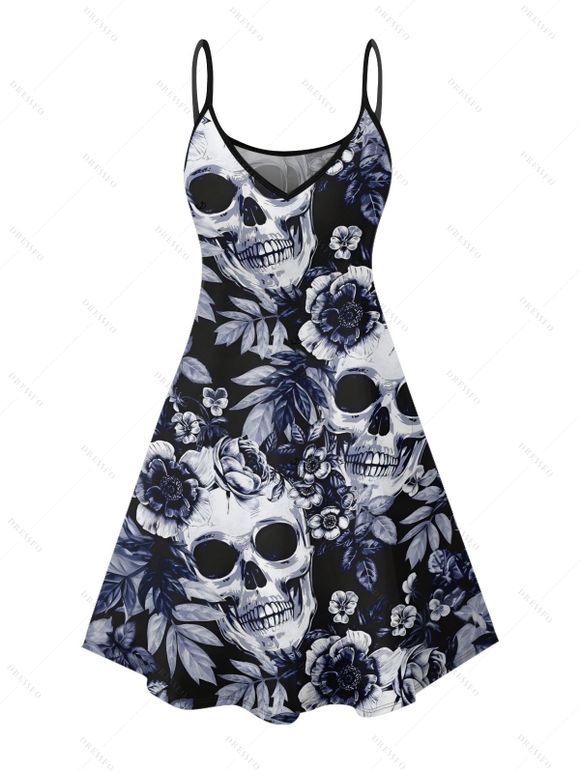Robe gothique à motif tête de mort, rose et feuilles, bretelles spaghetti, col en V, coupe trapèze, mini-robe de vacances - Noir XXXL | US 16