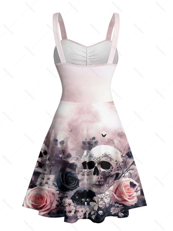 Robe gothique à motif floral et tête de mort, buste froncé, col en cœur, coupe trapèze, mini robe de vacances - Rose clair XXXL | US 16