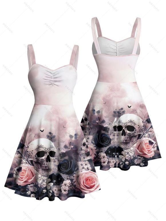 Robe gothique à motif floral et tête de mort, buste froncé, col en cœur, coupe trapèze, mini robe de vacances - Rose clair XXXL | US 16