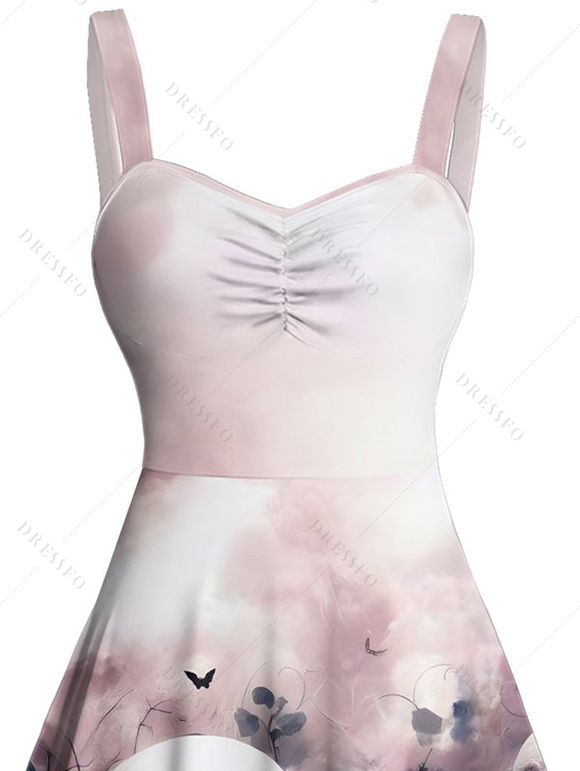 Robe gothique à motif floral et tête de mort, buste froncé, col en cœur, coupe trapèze, mini robe de vacances - Rose clair XXXL | US 16