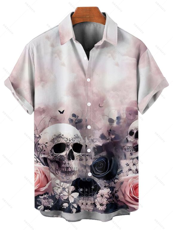 Chemise gothique à manches courtes et boutons pour homme, motif floral et tête de mort, style vacances - Rose clair 5XL
