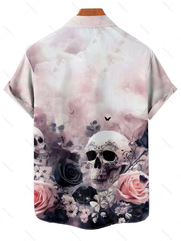 Chemise gothique à manches courtes et boutons pour homme, motif floral et tête de mort, style vacances - Rose clair 4XL