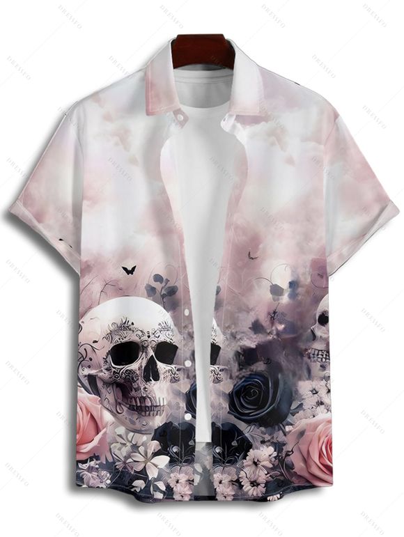 Chemise gothique à manches courtes et boutons pour homme, motif floral et tête de mort, style vacances - Rose clair 4XL