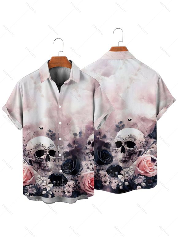 Chemise gothique à manches courtes et boutons pour homme, motif floral et tête de mort, style vacances - Rose clair 4XL