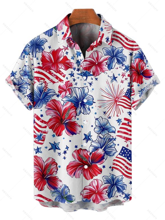 Chemise patriotique à manches courtes et boutons pour homme, motif drapeau américain, motif fleur et étoile, pour le jour de l'indépendance - Blanc 5XL