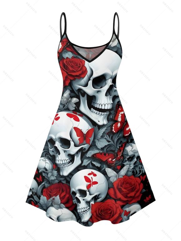 Robe gothique à motif tête de mort, rose et papillon, bretelles spaghetti, col en V, coupe trapèze, mini-robe de vacances - Noir L | US 8-10