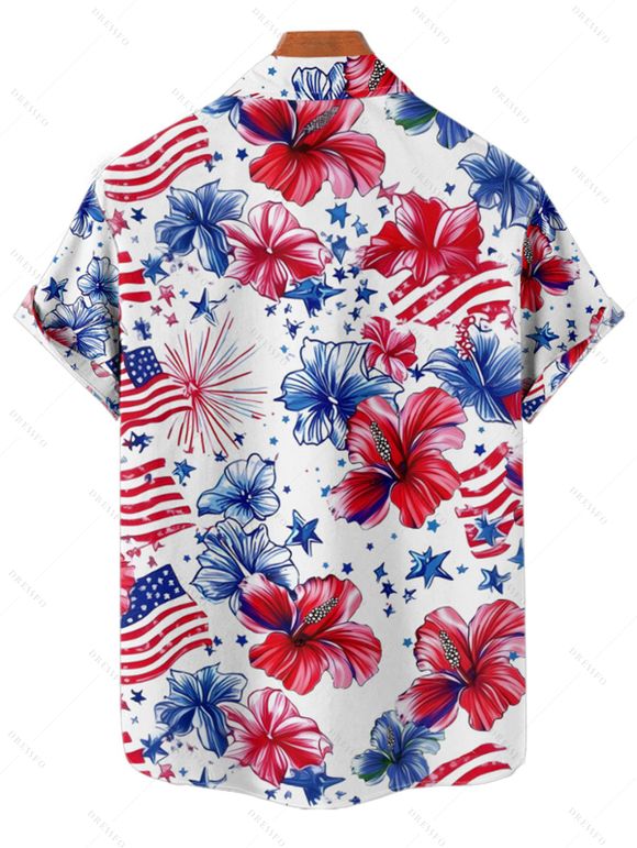 Chemise patriotique à manches courtes et boutons pour homme, motif drapeau américain, motif fleur et étoile, pour le jour de l'indépendance - Blanc XL