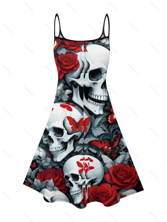 Robe gothique à motif tête de mort, rose et papillon, bretelles spaghetti, col en V, coupe trapèze, mini-robe de vacances - Noir XXXL | US 16