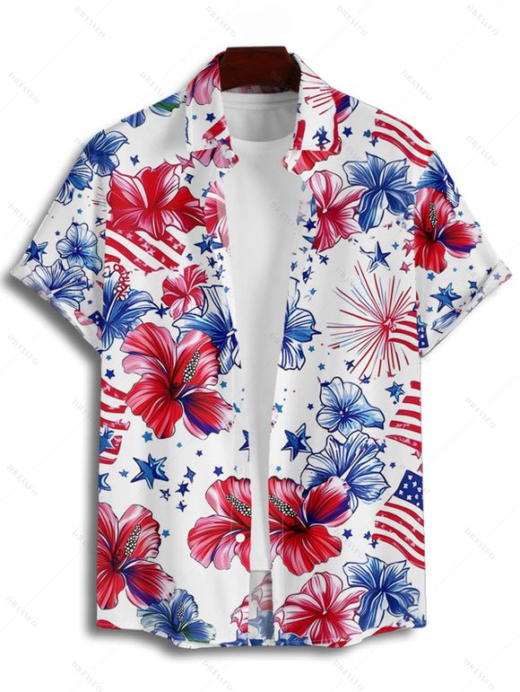 Chemise patriotique à manches courtes et boutons pour homme, motif drapeau américain, motif fleur et étoile, pour le jour de l'indépendance - Blanc XL