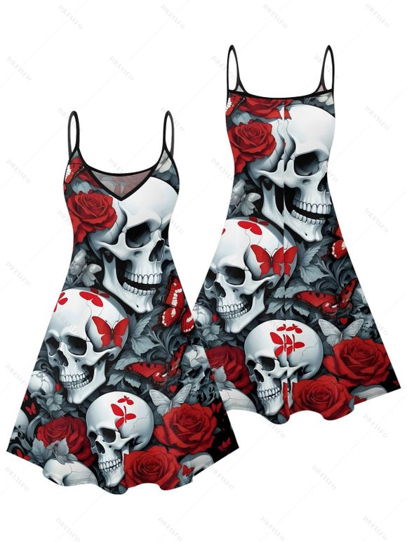 Robe gothique à motif tête de mort, rose et papillon, bretelles spaghetti, col en V, coupe trapèze, mini-robe de vacances - Noir XXXL | US 16