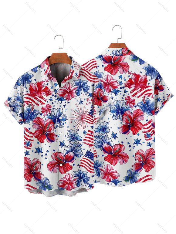 Chemise patriotique à manches courtes et boutons pour homme, motif drapeau américain, motif fleur et étoile, pour le jour de l'indépendance - Blanc XL