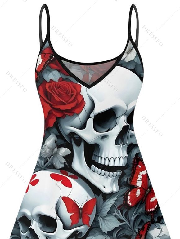 Robe gothique à motif tête de mort, rose et papillon, bretelles spaghetti, col en V, coupe trapèze, mini-robe de vacances - Noir XXXL | US 16