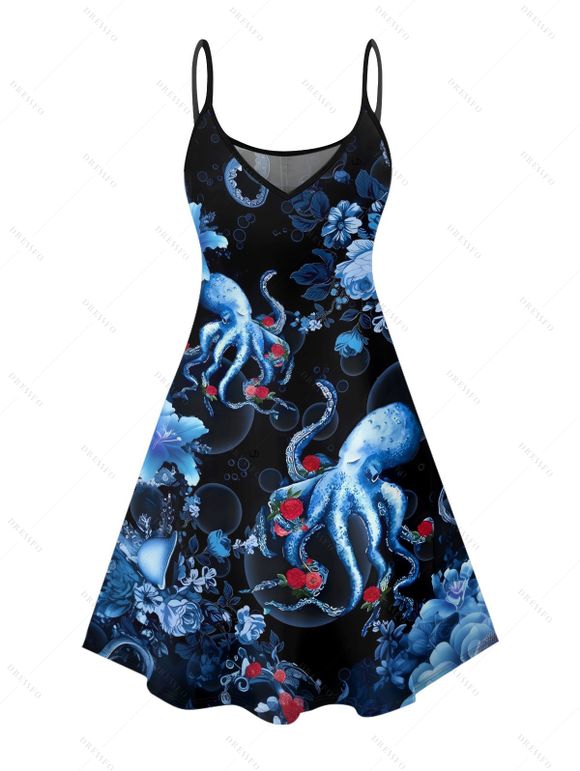 Robe de vacances à motif de fleurs de poulpe et de vie marine, bretelles spaghetti, col en V, coupe trapèze, mini-robe de plage - Noir XXXXXL | US 20