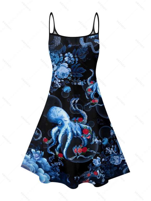 Robe de vacances à motif de fleurs de poulpe et de vie marine, bretelles spaghetti, col en V, coupe trapèze, mini-robe de plage - Noir XXXL | US 16