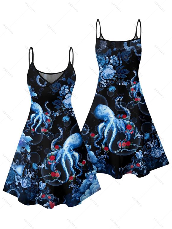 Robe de vacances à motif de fleurs de poulpe et de vie marine, bretelles spaghetti, col en V, coupe trapèze, mini-robe de plage - Noir XXXL | US 16