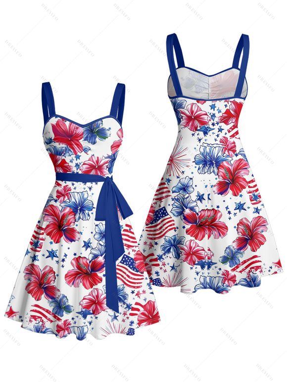 Robe de fête de l'indépendance à motif floral et étoiles, avec ceinture et buste froncé, col en cœur, coupe trapèze, mini-robe patriotique - Blanc XXL | US 14