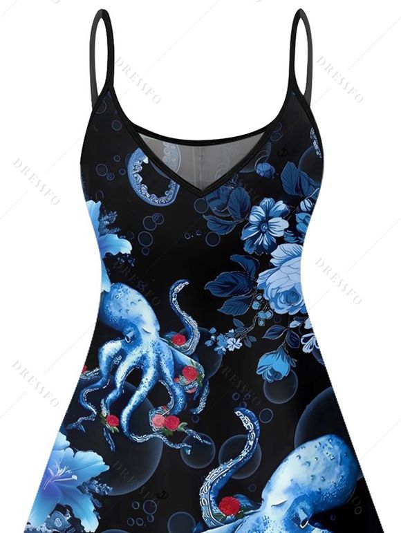 Robe de vacances à motif de fleurs de poulpe et de vie marine, bretelles spaghetti, col en V, coupe trapèze, mini-robe de plage - Noir XXXL | US 16