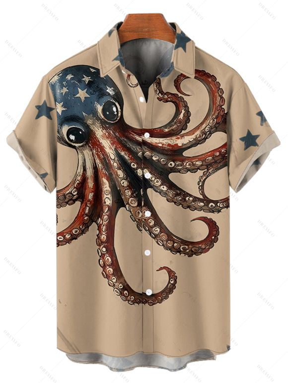 Chemise homme motif pieuvre drapeau américain, motif patriotique, boutonnée, retroussée, manches courtes, vacances - café lumière 5XL