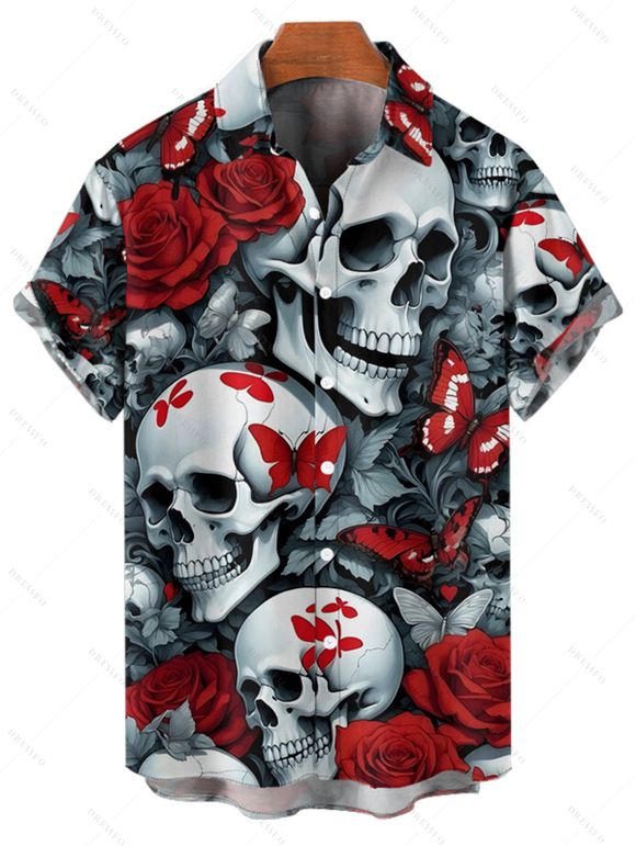 Chemise gothique à manches courtes et boutons pour homme, motif tête de mort, rose et papillon, style vacances - Noir XL