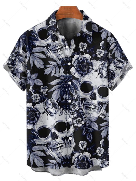 Chemise gothique à manches courtes et boutons pour homme, motif tête de mort, rose et feuilles, style vacances - Noir 5XL