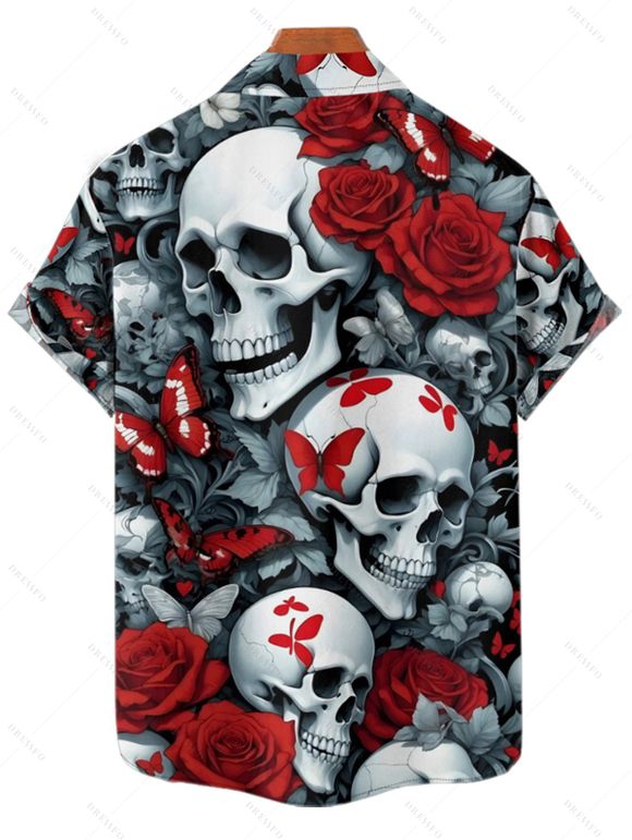 Chemise gothique à manches courtes et boutons pour homme, motif tête de mort, rose et papillon, style vacances - Noir 2XL