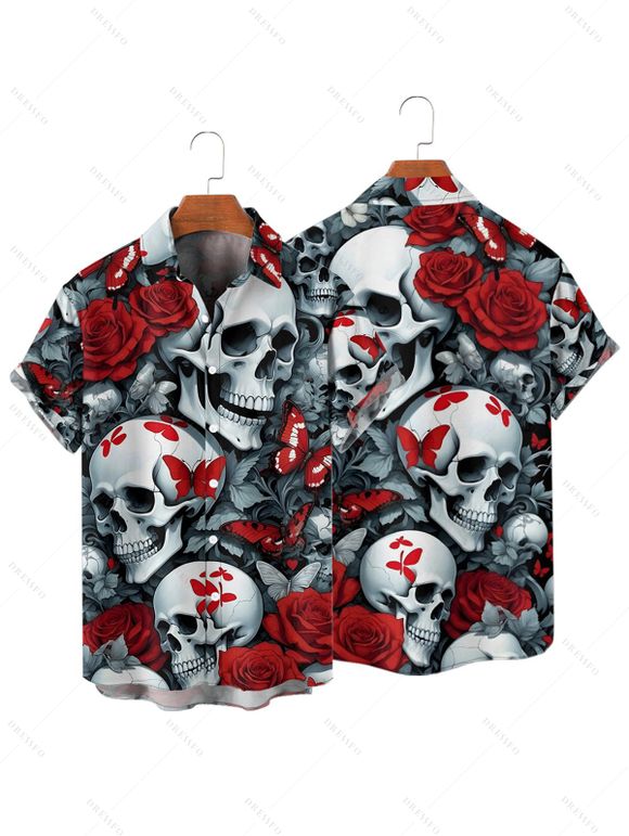 Chemise gothique à manches courtes et boutons pour homme, motif tête de mort, rose et papillon, style vacances - Noir 2XL