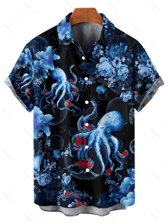 Chemise de vacances à manches courtes et boutons pour homme, motif pieuvre, vie marine - Noir 5XL