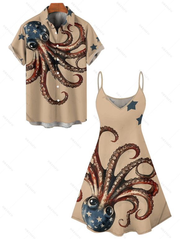 Independence Day Couple Outfit Octopus American Flag Elements Pattern Spaghetti Strap Tank Dress and Button Up Shirt Vacation Matching Outfit - café lumière S | US 4