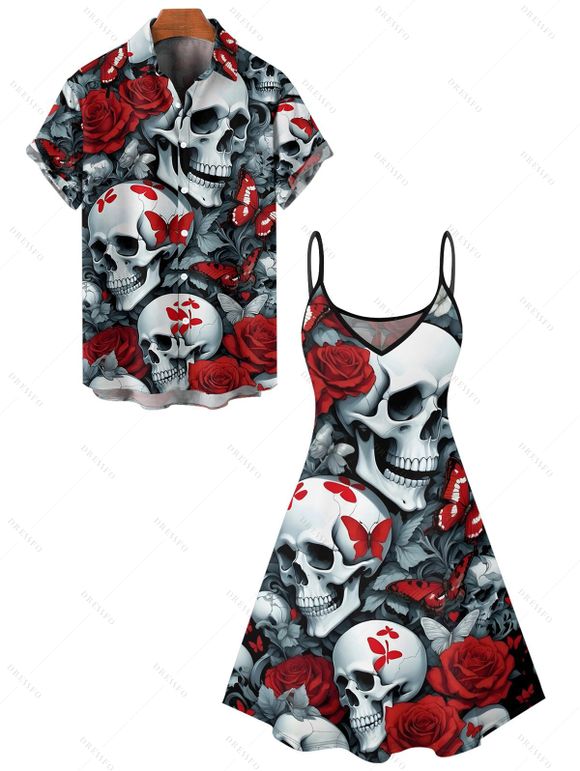 Gothic Couple Outfit Allover Skull Rose Butterfly Pattern Spaghetti Strap V Neck A Line Mini Tank Dress and Button Up Shirt Vacation Matching Outfit - Noir S | US 4