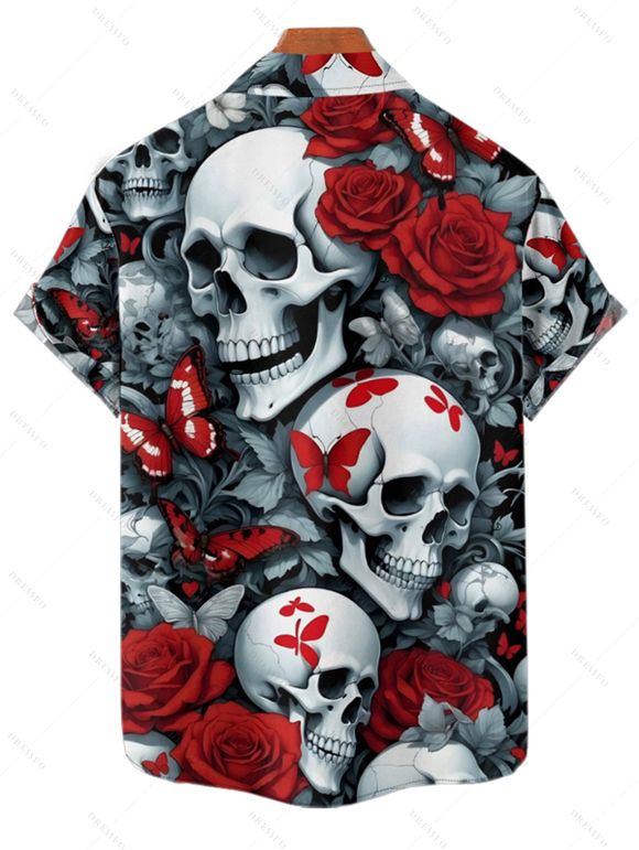 Gothic Couple Outfit Allover Skull Rose Butterfly Pattern Spaghetti Strap V Neck A Line Mini Tank Dress and Button Up Shirt Vacation Matching Outfit - Noir S | US 4