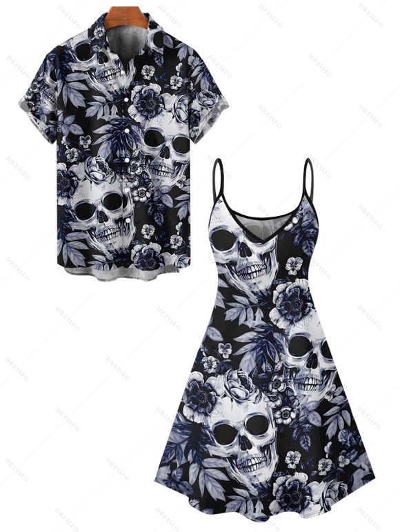 Gothic Couple Outfit Allover Skull Rose Leaf Pattern Spaghetti Strap Tank Dress and Button Up Shirt Vacation Matching Outfit - Noir S | US 4