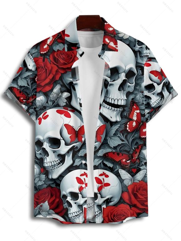 Gothic Couple Outfit Allover Skull Rose Butterfly Pattern Spaghetti Strap V Neck A Line Mini Tank Dress and Button Up Shirt Vacation Matching Outfit - Noir S | US 4