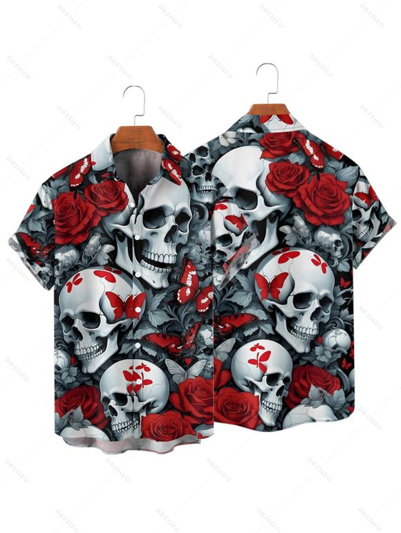 Gothic Couple Outfit Allover Skull Rose Butterfly Pattern Spaghetti Strap V Neck A Line Mini Tank Dress and Button Up Shirt Vacation Matching Outfit - Noir S | US 4