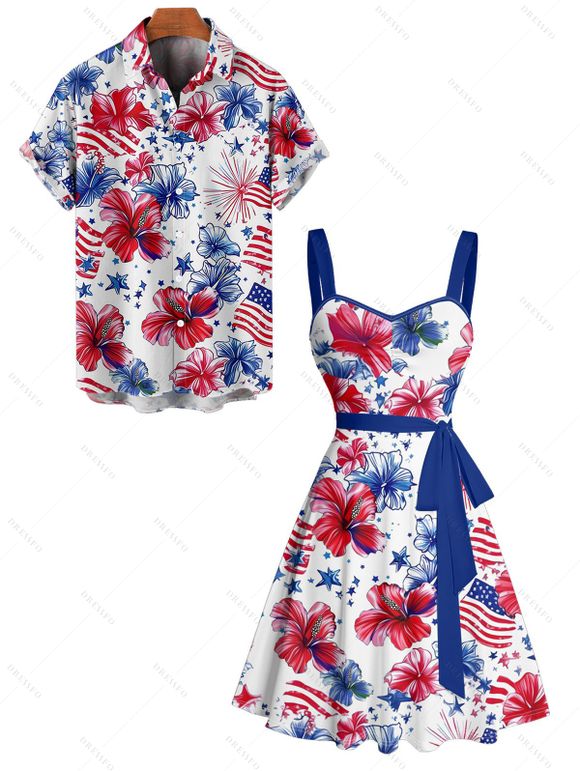 Independence Day Couple Outfit American Flag Flower Star Pattern Ruched Bust Belt Dress and Button Up Shirt Patriotic Matching Outfit - Blanc S | US 4