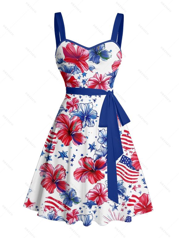 Independence Day Couple Outfit American Flag Flower Star Pattern Ruched Bust Belt Dress and Button Up Shirt Patriotic Matching Outfit - Blanc S | US 4