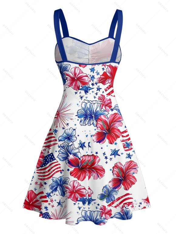 Independence Day Couple Outfit American Flag Flower Star Pattern Ruched Bust Belt Dress and Button Up Shirt Patriotic Matching Outfit - Blanc S | US 4