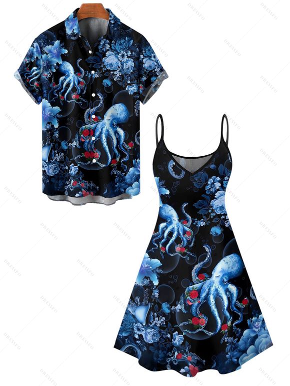 Vacation Couple Outfit Octopus Flower Marine Life Pattern Spaghetti Strap V Neck A Line Mini Tank Dress and Button Up Shirt Beach Matching Outfit - Noir S | US 4
