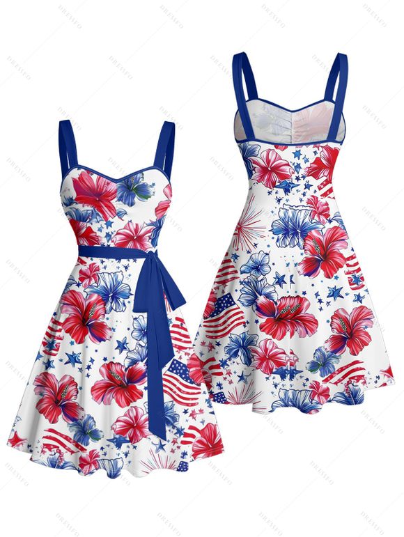 Independence Day Couple Outfit American Flag Flower Star Pattern Ruched Bust Belt Dress and Button Up Shirt Patriotic Matching Outfit - Blanc S | US 4