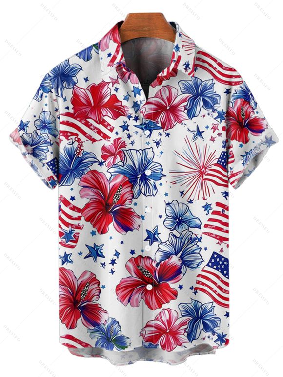 Independence Day Couple Outfit American Flag Flower Star Pattern Ruched Bust Belt Dress and Button Up Shirt Patriotic Matching Outfit - Blanc S | US 4