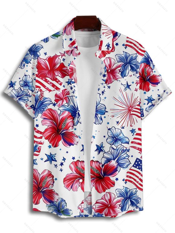 Independence Day Couple Outfit American Flag Flower Star Pattern Ruched Bust Belt Dress and Button Up Shirt Patriotic Matching Outfit - Blanc S | US 4
