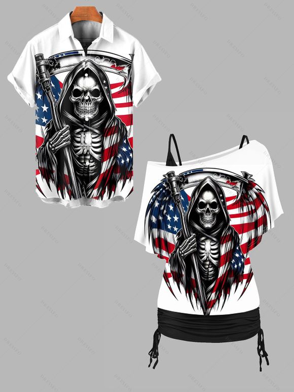Independence Day Couple Outfit Skull Star Striped Pattern Skew Neck Tee and Solid Color Cinched Tank Top and Button Up Shirt Patriotic Matching Outfit - Blanc S | US 4