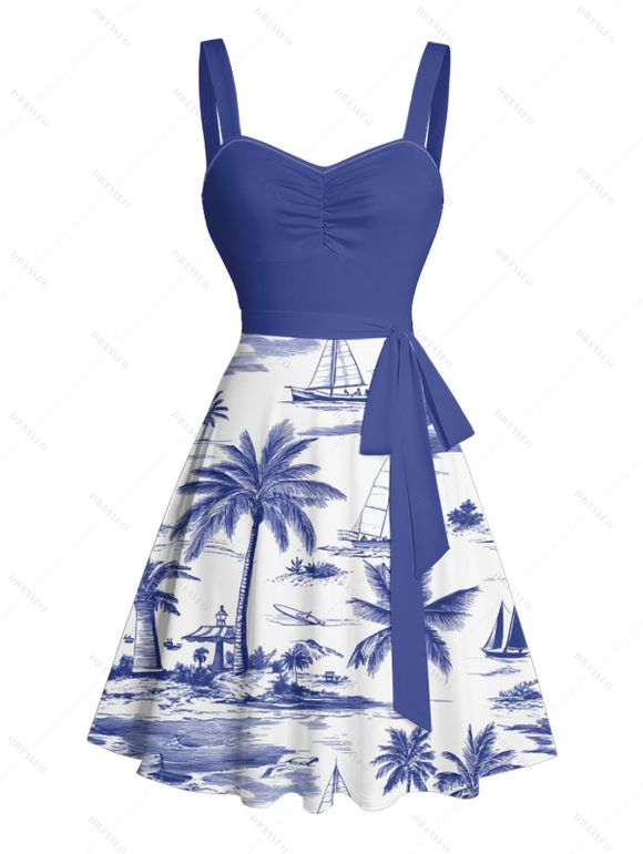 Robe de vacances à motif de voilier en cocotier, buste froncé, ceinture, col en cœur, robe trapèze mini décontractée - Bleu profond L | US 8-10