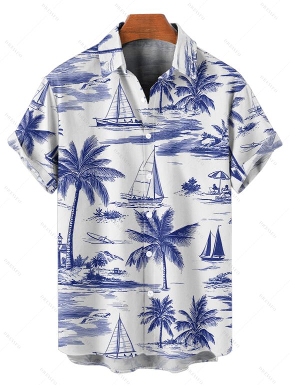 Chemise de vacances à manches courtes et boutons pour homme, motif cocotier et voilier, décontractée - Bleu profond 5XL