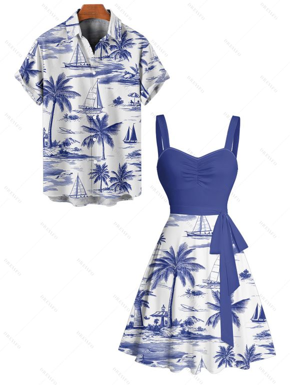Vacation Couple Outfit Coconut Tree Sailboat Pattern Ruched Bust Belt Dress and Button Up Shirt Casual Matching Outfit - Bleu profond S | US 4