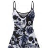 Robe gothique à motif tête de mort, rose et feuilles, bretelles spaghetti, col en V, coupe trapèze, mini-robe de vacances - Noir XXXL | US 16