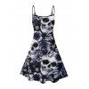 Robe gothique à motif tête de mort, rose et feuilles, bretelles spaghetti, col en V, coupe trapèze, mini-robe de vacances - Noir XXXL | US 16